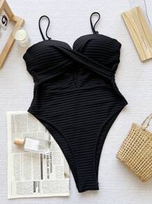 Swim SXY Solid Color Push Up One Piece Swimwear Wireless, Great For Vacation Summer - Black - View 3