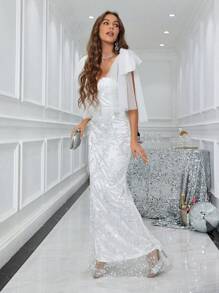 SHEIN Belle Glittering Embroidery Tulle Mermaid Dress - White - View 3