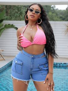 SHEIN SXY Plus Size Women Distressed Hollow Out Tight-Fit Utility Denim Shorts - Light Wash - View 1