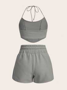 SHEIN EZwear Ladies' 2pcs/Set Alphabet Printed Knitted Tank Top With Micro Elasticity Decoration And Drawstring Waist Shorts For Summer