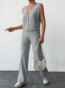 EURMUSE Women's Solid Color Simple Knitted Vest And Long Pants Set For Daily Wear - Light Grey - View 6