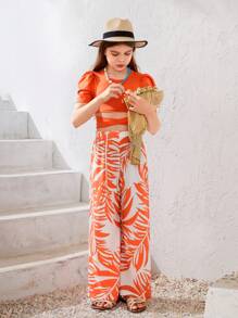 Maglietta a maniche corte un colore a girocollo per ragazze adolescenti e pantaloni estivi a stampa stile vacanza in due pezzi (primavera/estate) - Arancione - Visualizzare 5