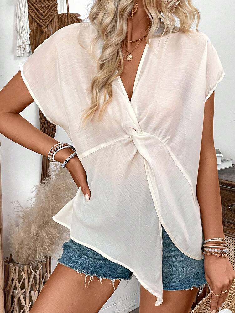 Women's Solid Color V-Neck Twist Front Batwing Sleeve Shirt For Summer