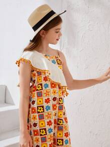 SHEIN Tween Girl Casual Vacation Cute Printed One Shoulder Jumpsuit With Ruffle Trim - Multicolor - View 5