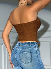 VaVaBold Top sin tirantes de ajuste delgado con botones delanteros y textura de unicolor para mujeres, moderno y adecuado para el verano