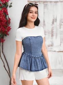 SHEIN Teen Girl Ruffled Hem Blue Denim Strapless Elastic Fashionable Casual Top - Blue - View 4