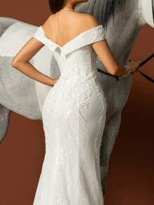 HEARBOBO 浪漫露肩亮片新娘礼服，优雅编织面料设计，婚纱 - 白色 - 查看 9