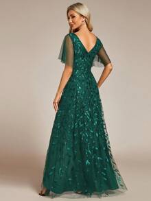 V-Neck Sequin Color Block High Slit Bridesmaid Dress, Elegant Formal Evening Gown For Banquet, Wedding Guest, Suitable For Graduation Ceremony, Gala And Other Occasions - Dark Green - View 3