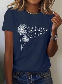 INAWLY Women's Dandelion Plant Floral Lover Short Sleeve Casual T-Shirt, Summer Graphic Tees Women Tops