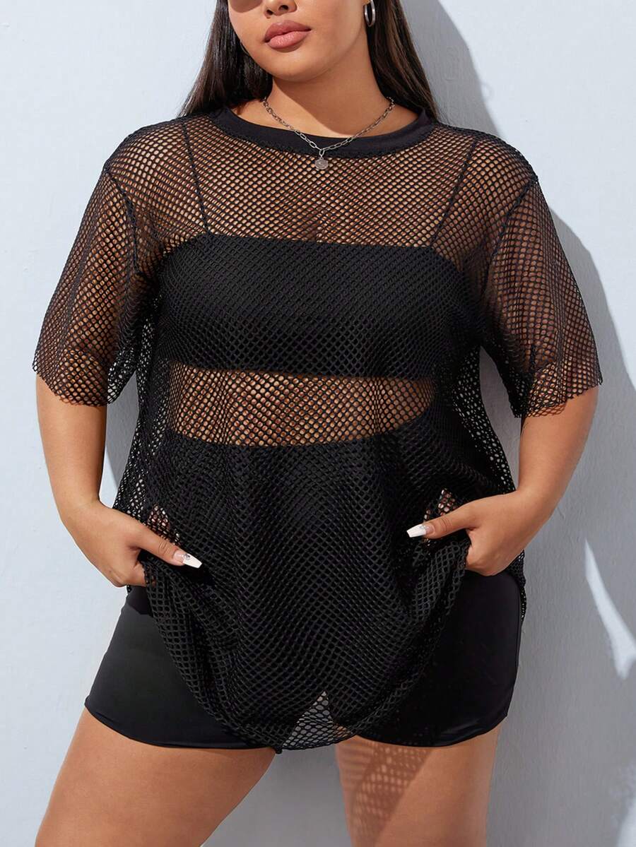 SHEIN CURVE+ Vestido De Talla Grande Para Mujer Con Hueco Y Color Sólido - Negro - Ver 1