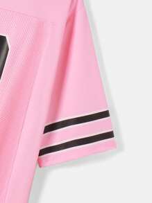 SHEIN EZwear 夏季休闲条纹数字印花撞色网眼T恤连衣裙 - 粉色 - 查看 3