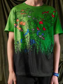 TEENAGE MUTANT NINJA TURTLES X SHEIN Conjunto de 2 peças de camiseta casual de manga curta com estampa de desenho animado e shorts de cintura com cordão para menino pré-adolescente, verão