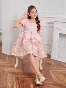 SHEIN Tween Girl Square Neck Ruched Poof Sleeves Jacquard Dress With Ruffle Hem - Pink - View 4