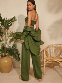 L'Amorae Bộ đồ hai mảnh dành cho nữ, Áo crop top bralette màu xanh ô liu thường ngày mùa thu & Quần dài ống rộng & Áo sơ mi tay dài, Bộ quần. Dành cho trang phục mặc hàng ngày, đi chơi, tiệc tùng, trang phục hòa nhạc đồng quê, trang phục lễ hội Rave, trang phục đi hộp đêm - Màu xanh Ô liu - Xem 2