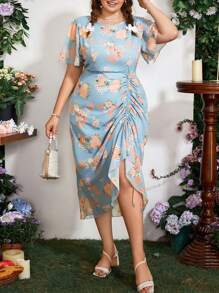 SHEIN Clasi Plus Size Elegant Floral Printed Drawstring Summer Dress - Multicolor - View 6