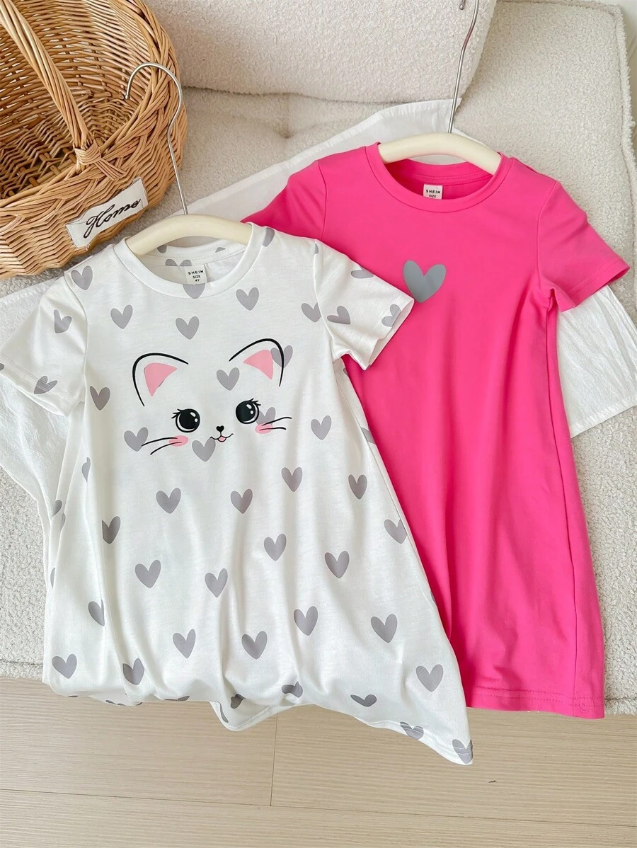 SHEIN LMoss Kids 年輕女孩運動街風針織短袖連衣裙2入組（多件裝）