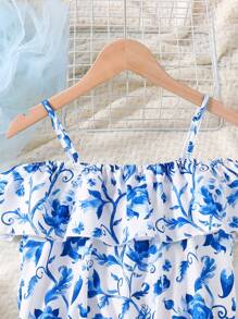 Teen Girl Floral Printed Spaghetti Strap Camisole Top And Asymmetric Hem Ruffle Skirt Summer Two Pieces Outfit,Holiday,Summer,Travel