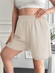 RueChic Plus Solid Elastic Waist Shorts - Beige - View 5
