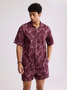 Forever 21 Chemise à manches courtes pour homme et short en imprimé de palais européen en ensemble deux pièces - Rouge foncé - Voir 4