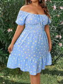 Franclia 大碼女性優雅的雛菊和方格印花方領短泡袖夏日假日連衣裙 - 藍色 - 查看 4