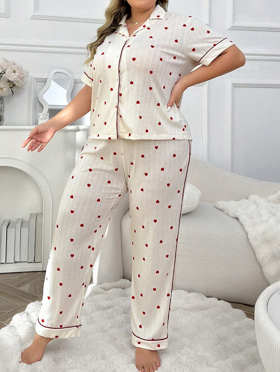 Set pigiama donna taglie forti con top a maniche corte e pantaloni lunghi, stampa a cuore e coulisse - Bianco - Visualizzare 1