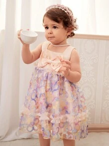 SHEIN Baby Girls' Cute Sleeveless Mesh Dress With 3D Flower Embellishments For Spring & Summer - Multicolor - View 4