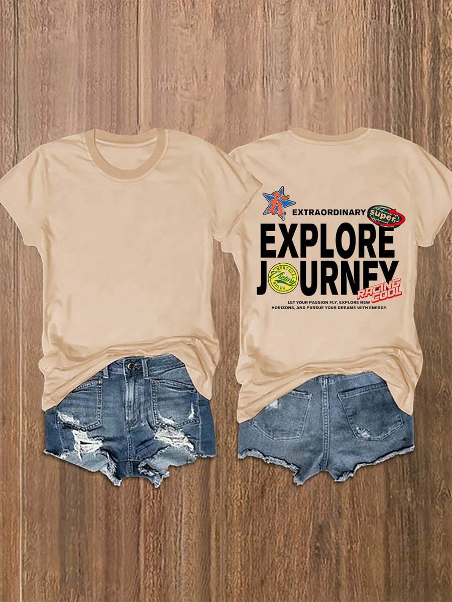 SHEIN LUNE Casual And Simple Loose Fit Short Sleeve T-Shirt With English Five-Pointed Star Print For Women, Suitable For Summer - Apricot - View 1
