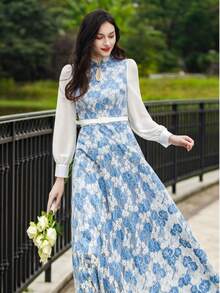 Elegant Lace Splice Heavywork Women Evening Party Dress (Belt Not Included) - Multicolor - View 5