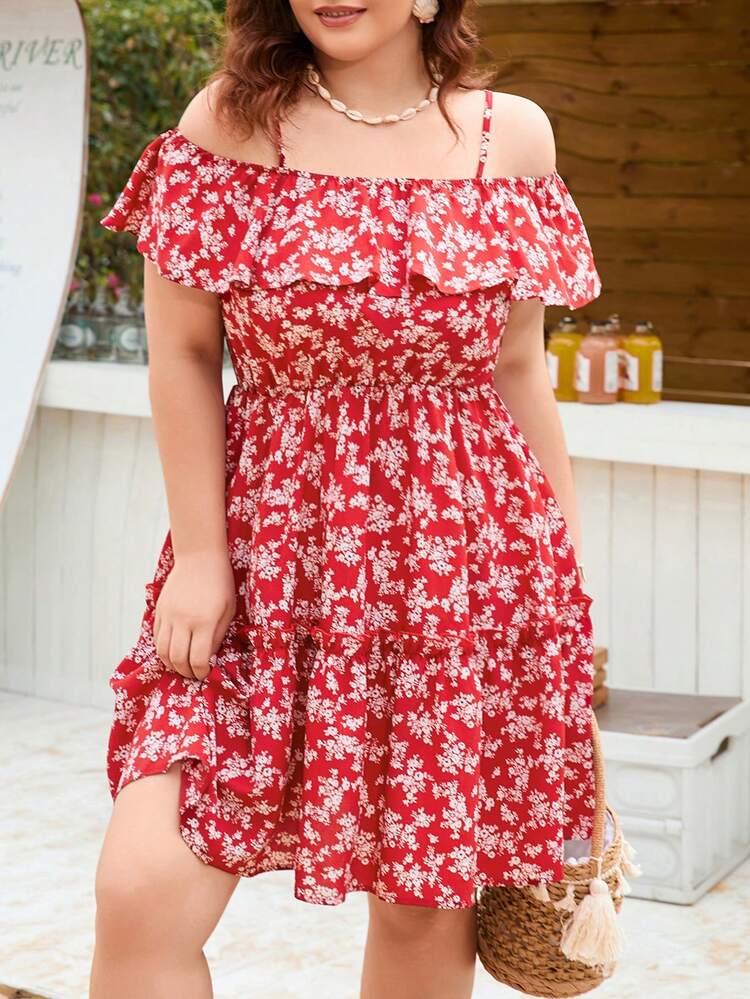 Summer Plus Size Vacation Ditsy Floral Red Dress With Spaghetti Straps, Off Shoulder And Ruffle Trim