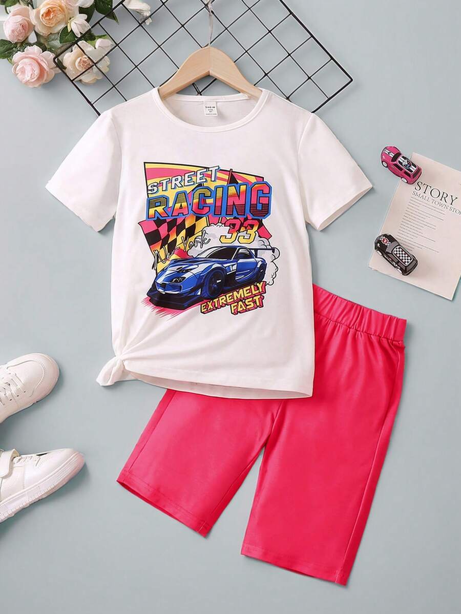 女大童汽車字母印花休閒甜美酷感街頭服飾常規袖圓領 2入組套夏季服裝 - 彩色 - 查看 1