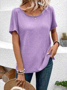 Breezaya Women's Summer Solid Color Round Neck Short Sleeve T-Shirt With Lace Back Panel And Knot Detail, Casual