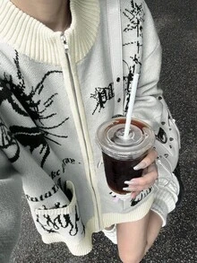 复古街头风全印花拉链口袋装饰长袖毛衣夹克 - 淺灰色 - 查看 1