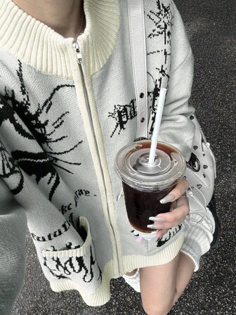 复古街头风全印花拉链口袋装饰长袖毛衣夹克