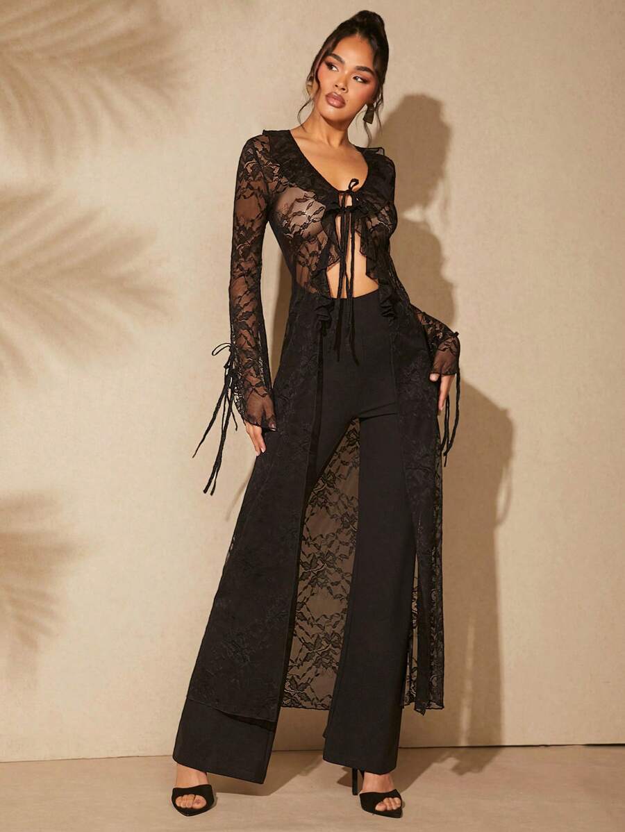 Hauture Lace Ruffle Tie Overlay Jumpsuit - Black - View 1