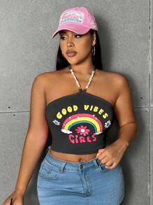 Flirla Plus Size Women's Summer Rainbow & Letter Print Halter Top For Casual Wear - Black - View 4