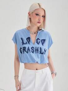 SHEIN EZwear Women's Summer Loose Fit Batwing Crop Sleeve Crop Top, V-Neck Tee With Letter Print - Blue - View 5