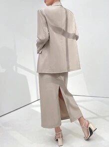 Modelyn 女士单排扣纯色开叉连衣裙和纯色简约西装外套套装两件套