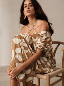 Anewsta 女士印花休闲褶皱露背度假长裙女装 - 咖啡 - 查看 4