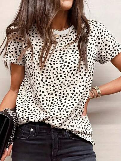 INAWLY Women Fashionable Loose Fit Asymmetrical Polka Dot Short Sleeve T-Shirt For Summer Graphic Tees Women Tops