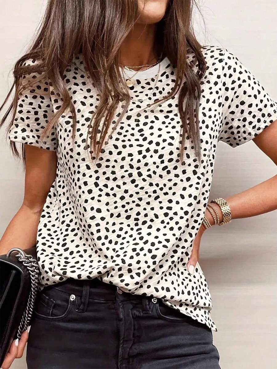 INAWLY Women Fashionable Loose Fit Asymmetrical Polka Dot Short Sleeve T-Shirt For Summer Graphic Tees Women Tops - Apricot - View 1