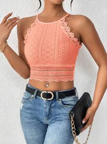 SHEIN Frenchy Guipure Lace Trim Crop Halter Textured Fabric Going Out Tops Bodycon Black Top Thanks Giving Chic Pink Summer Vacation Holiday Resort - Coral Pink - View 5