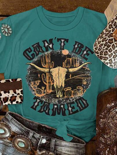 SHEIN LUNE Camiseta casual de manga corta con cuello redondo y estampado al estilo western cowboy "CAN'T BE TAMED" para mujer