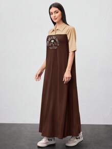 Mulvari Women's Summer Casual Color Blocking Letter Printed Long Dress - Coffee Brown - View 6