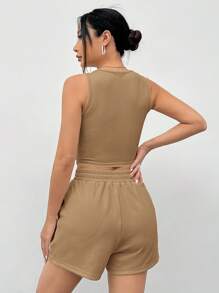 SHEIN EZwear Khaki Knitted Sleeveless Women Vest Set - Khaki - View 2