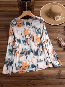Damska luźna koszulka z nadrukiem tie-dye i okrągłym dekoltem, z długim rękawem, wiosna/lato