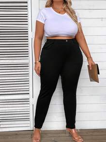 SHEIN CURVE+ Plus Size Solid Color Slimming Bodybuilding Pencil Pants With Pockets