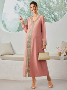 SHEIN Maternity Fashionable V-Neck Long Sleeve Simple Daily Dress - Dusty Pink - View 3