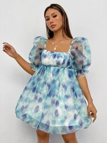 SHEIN PETITE 女款時尚泡泡袖夏季度假洋裝，適合嬌小女性 - 淺藍色 - 查看 6