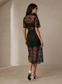 Anewsta 女士经典衬衫连衣裙，带纹理蕾丝镂空细节，超长女士服装