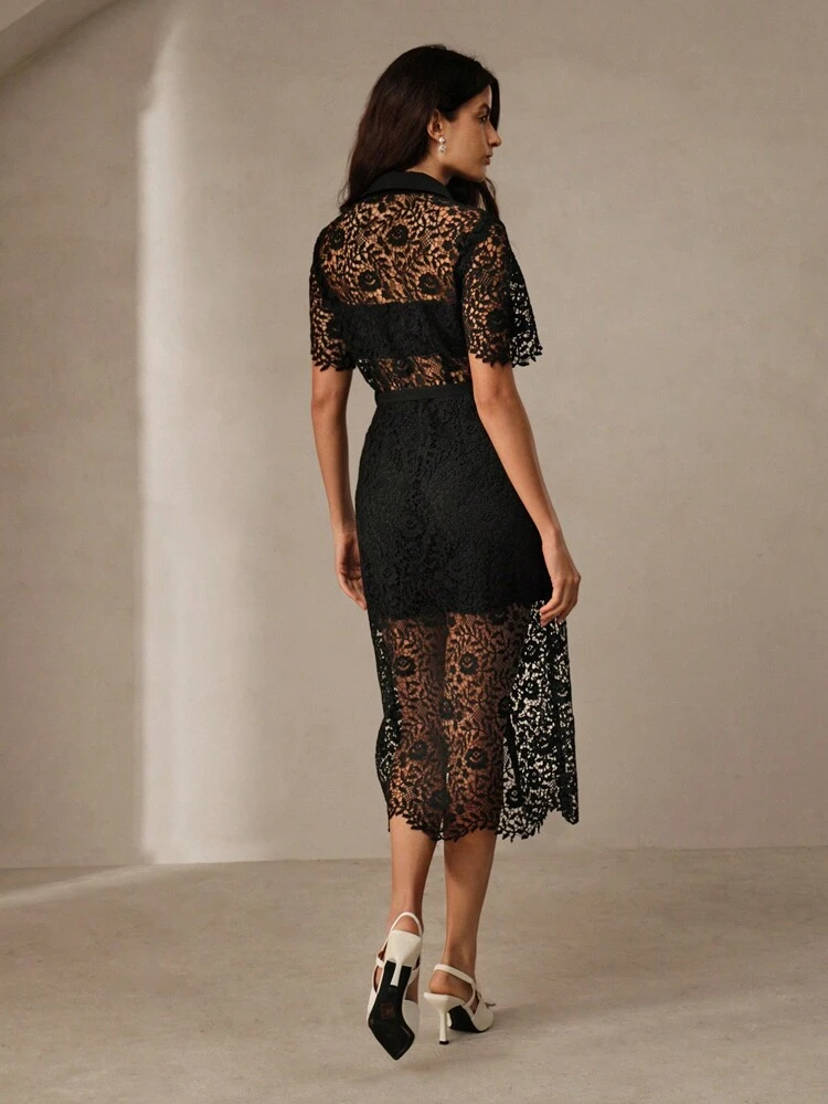 Ladies Classic Shirt Dress With Textured Lace Hollow Out Detail Maxi Women Outfit